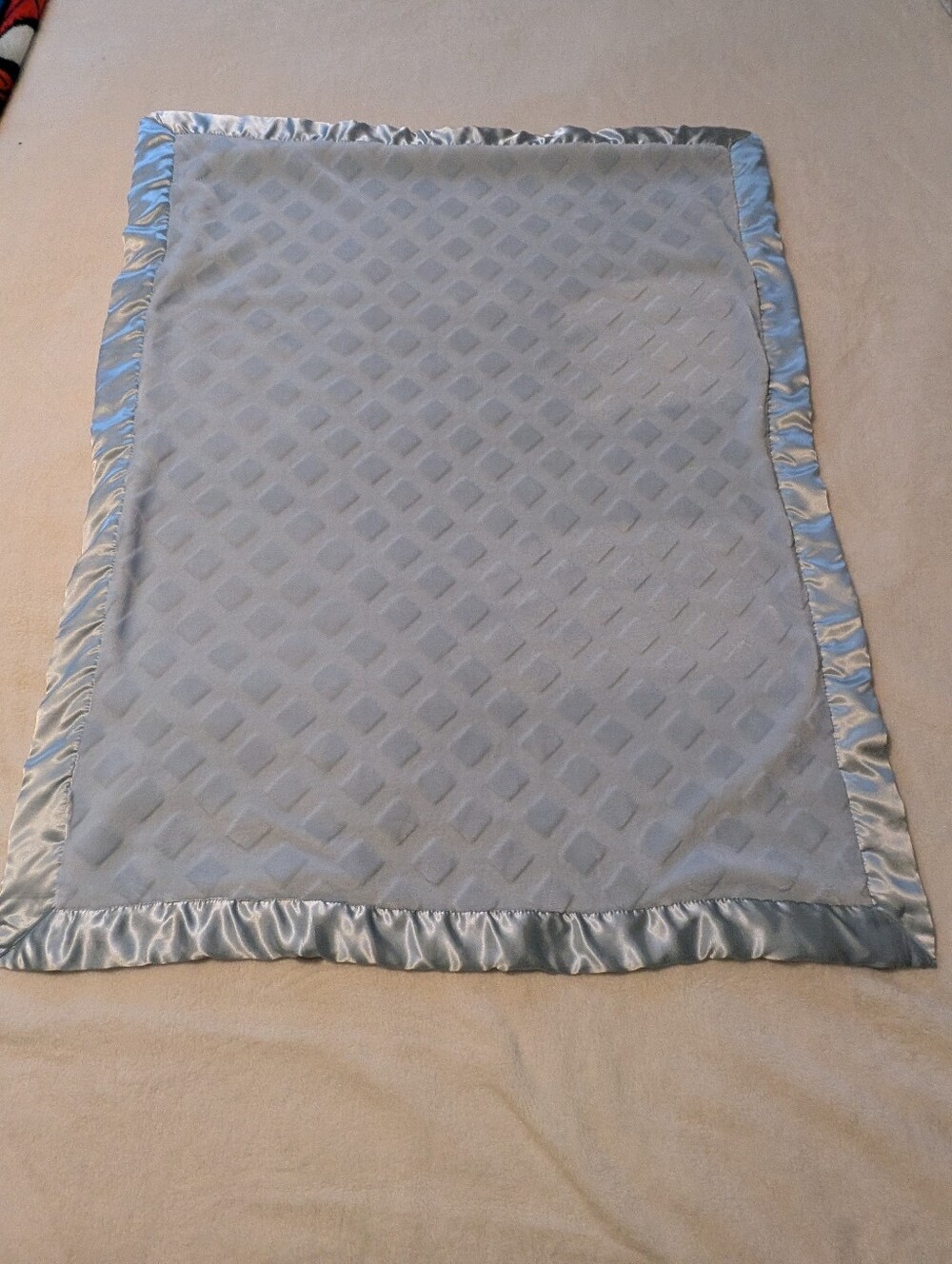 Light Blue Satin Trim Plush Feel  Baby Blanket. 30x 40 Inches
